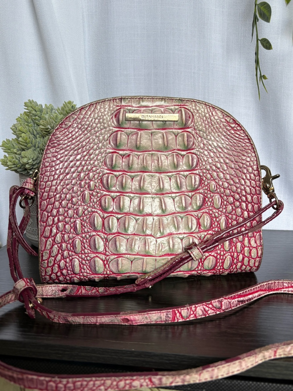 BRAHMIN Watermelon Ombre Melbourne Leather Dome Crossbody Bag Pink Green Gold